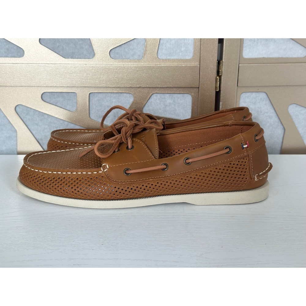 Tommy Hilfiger Mens Tan Perforated Leather Oxford Boat Shoes Size 13 Loafers